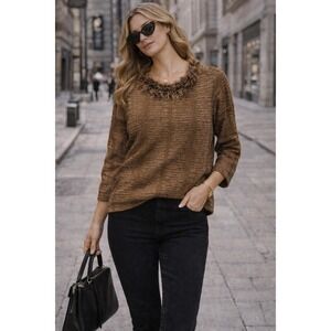 Nancy Bolen City Girl Brown Animal Print 3/4 Sleeve Textured Fringe Neck Top